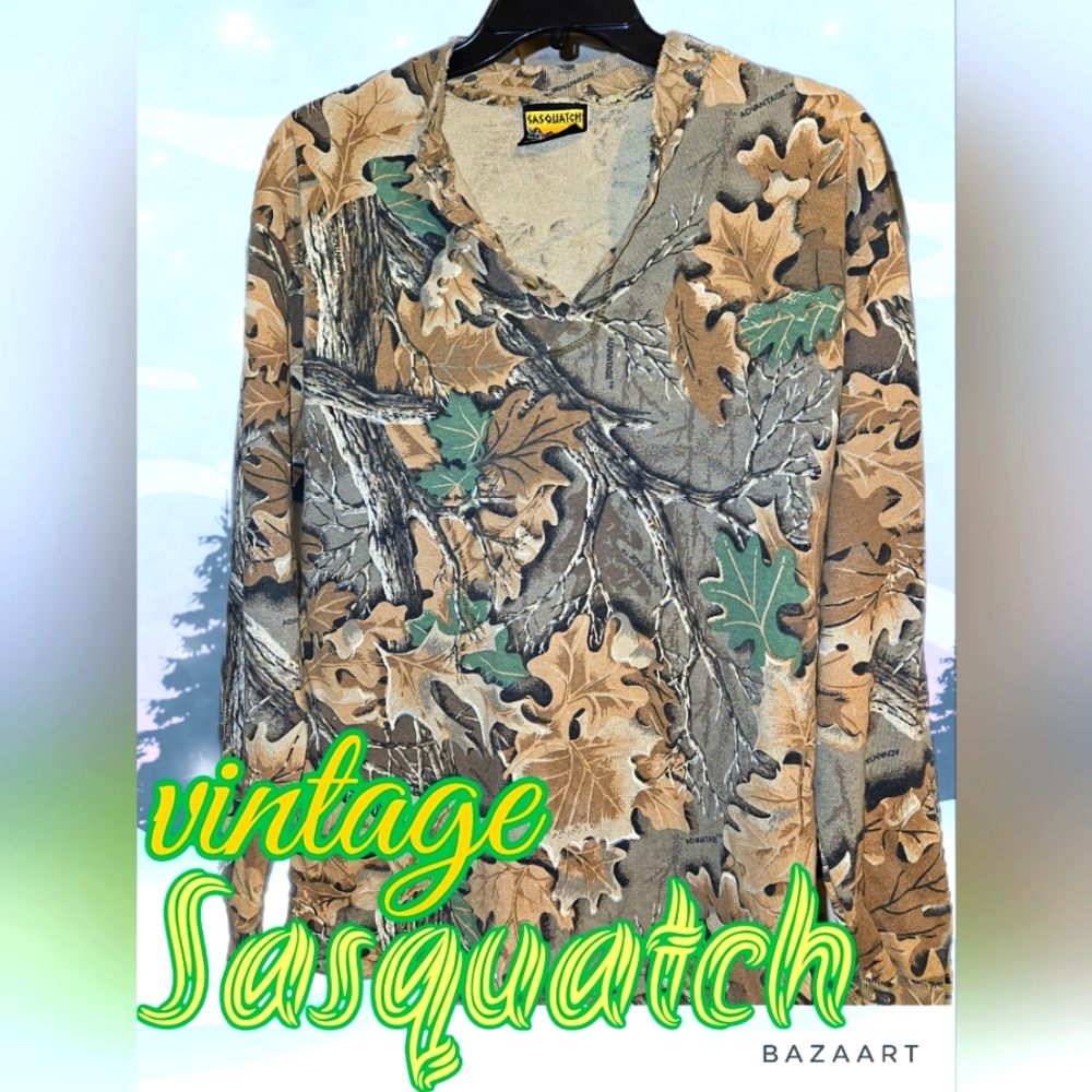 - VTG "Advantage" pattern camo l 3 button shirt made in USA by Sasquatch